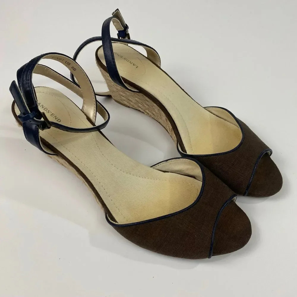 Lands' End wedge strappy peep toe sandals size 8; nautical, coastal, brown, blue